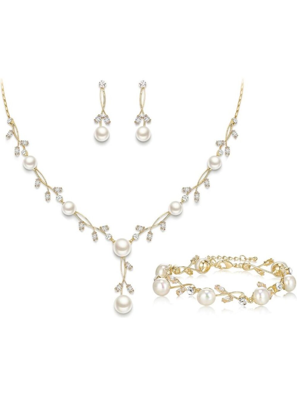 Elegant Pearl & Cubic Zirconia Leaf Vine Wedding Jewelry Set for Brides